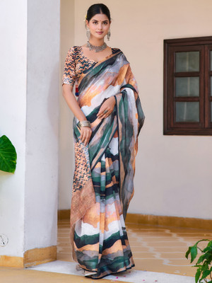 Sareemall Digital Print Hand Batik Cotton Linen Saree(Multicolor)