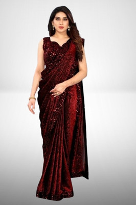 HouseOfCommon Printed Bollywood Lycra Blend Saree(Maroon)
