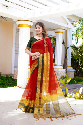 Aarunika SST Striped Bollywood Organza Saree(Red)