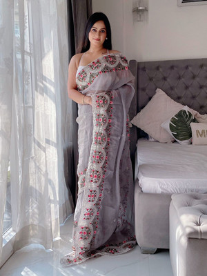 ANOUK Embroidered Chanderi Organza Saree(Grey)