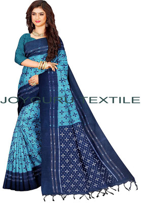 Joyguru Textile Printed Sambalpuri Cotton Blend Saree(Blue)