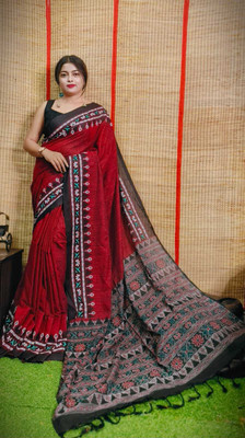 Joyguru Textile Printed Sambalpuri Cotton Blend Saree(Red)