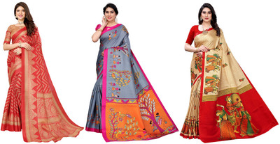 YASHIKA Woven Kasavu Art Silk Saree(Pack of 3, Red, Grey, Beige)