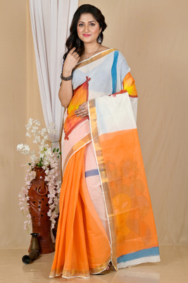 PuJoy Hand Painted, Self Design, Woven Handloom Pure Cotton Saree(Multicolor)