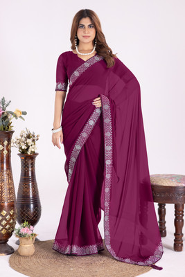 Areca Designer Embellished, Self Design, Solid/Plain Bollywood Georgette Saree(Purple)
