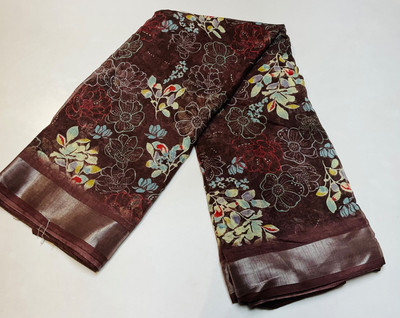 Tanishika creation Printed Banarasi Cotton Linen Saree(Brown)