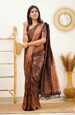 Handsel Woven Banarasi Jacquard, Silk Blend Saree(Brown)