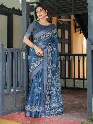 SJY Printed Assam Silk Linen Saree(Multicolor)