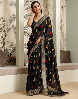 Samah Floral Print, Geometric Print, Embellished Daily Wear Georgette Saree(Black)