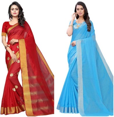 JK ETHNIC WEAR Solid/Plain, Self Design, Striped, Printed Daily Wear Cotton Silk Saree(Pack of 2, Red, Light Blue)