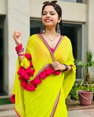 Vichitra Printed Bollywood Chiffon, Silk Blend Saree(Light Green)