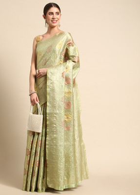Divastri Floral Print Kanjivaram Organza Saree(Light Green)