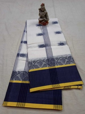 SSP Floral Print Tant Cotton Blend Saree(White, Dark Blue)