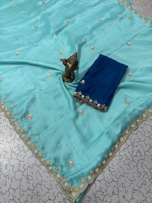 Pfancy silk Embroidered, Embellished Kanjivaram Silk Blend Saree(Blue)