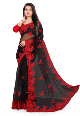 usharvi Self Design Bollywood Net Saree(Black, Red)