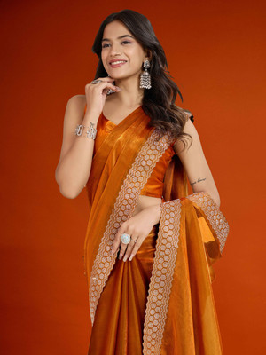 meaven tex Embellished, Solid/Plain Bollywood Jimmy choo Saree(Gold)