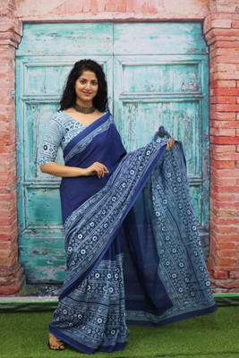 Kiaaron Printed Daily Wear Pure Cotton Saree(Blue)