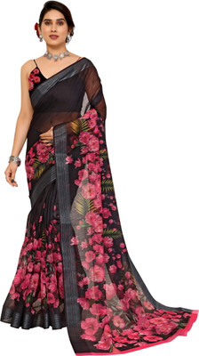 Divastri Embellished, Floral Print, Digital Print Bollywood Cotton Blend Saree(Black)