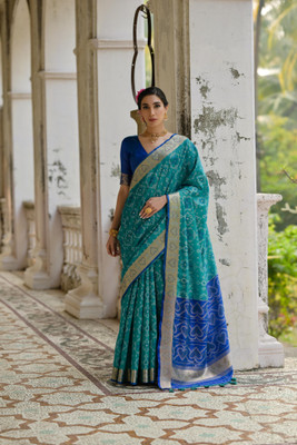 PeachPetals Printed, Woven Pochampally Cotton Silk Saree(Dark Blue)