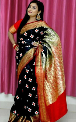 Ansari Fabrics Printed Sambalpuri Satin Saree(Black, Red)