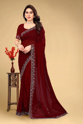 VEERAIVA Embroidered, Self Design Bollywood Chiffon Saree(Maroon)