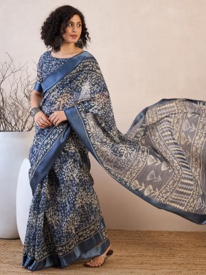 Sareemall Printed Ikkat Cotton Blend Saree(Grey)