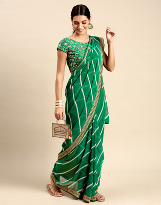 Satrani Printed, Geometric Print, Embellished Leheria Georgette Saree(Green, Gold, White)