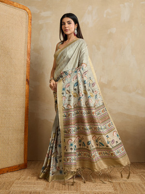 DOI MOI Printed Banarasi Silk Blend Saree(Green)