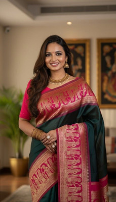 CKDESIGNER Woven Banarasi Jacquard Saree(Red, Green)