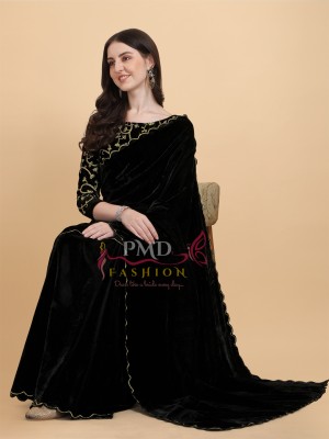 PMD Fashion Self Design, Embroidered, Solid/Plain Bollywood Velvet Saree(Black)