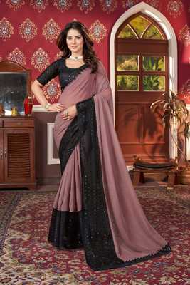 Praveena Designer Embroidered, Embellished Bollywood Georgette Saree(Beige)