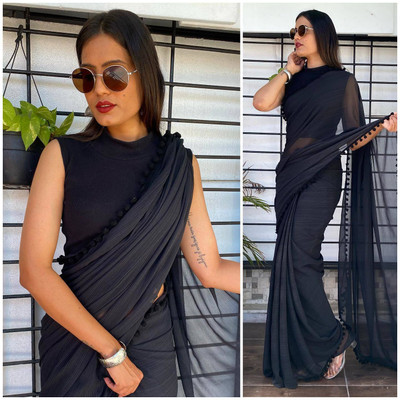 Sidhidata Solid/Plain Daily Wear Georgette Saree(Black)