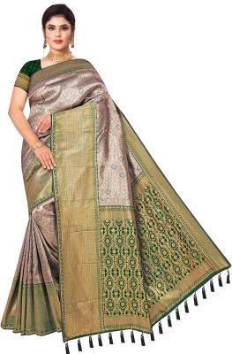 Triyom Fashion Self Design Kanjivaram Silk Blend Saree(Green)