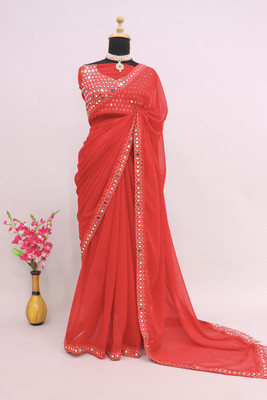 iBrand Printed Bollywood Georgette Saree(Red)