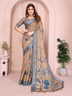Hasti Graphic Print Assam Silk Cotton Linen Saree(Multicolor)