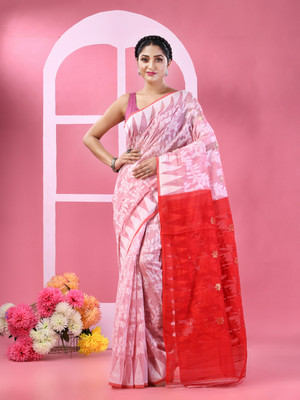 TANTLOOM Woven Jamdani Pure Cotton Saree(Red)