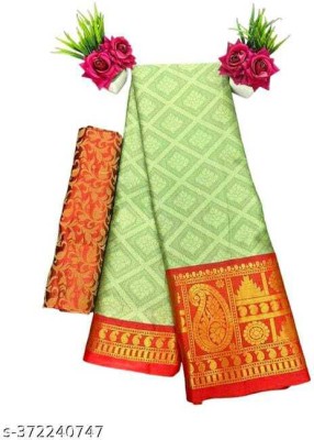 Laxmitax Woven Dharmavaram Cotton Silk, Jacquard Saree(Light Green, Red)