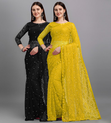 LOROFY Self Design Bollywood Net, Brasso Saree(Pack of 2, Multicolor)