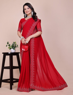 sadika Embellished, Solid/Plain Bollywood Georgette Saree(Red)