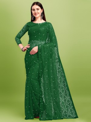 LOROFY Self Design Bollywood Net Saree(Dark Green)