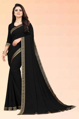 Jevlan Solid/Plain Bollywood Georgette Saree(Black)