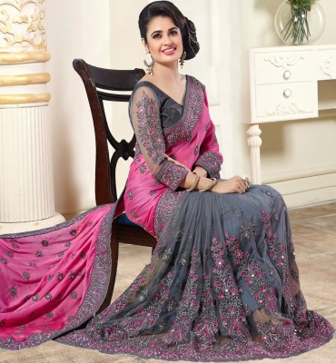 Hemovia Embroidered Daily Wear Silk Blend, Satin Saree(Pink)