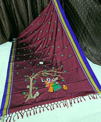 HouseOfCommon Self Design Handloom Cotton Blend Saree(Maroon)