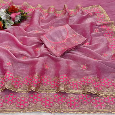 KHRITI FAB Embroidered Bollywood Jimmy choo Saree(Pink)