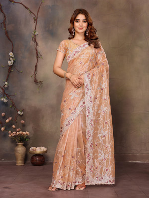 VIJAYAVALLABH Embroidered Bollywood Net Saree(Orange)