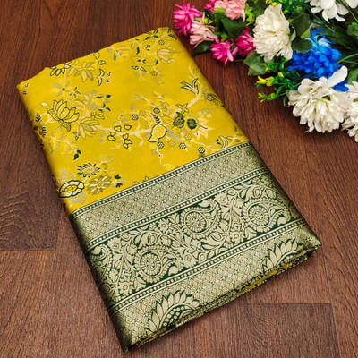 KIVERA Floral Print, Paisley, Woven Banarasi Pure Silk Saree(Yellow)