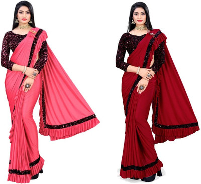 HouseOfCommon Solid/Plain Bollywood Lycra Blend Saree(Pack of 2, Pink, Red)