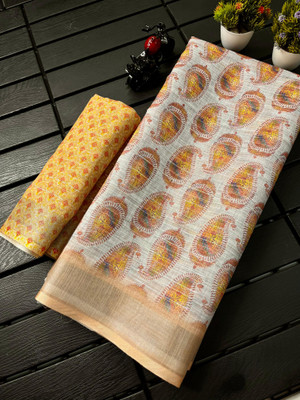 MAANVIT Woven Bollywood Cotton Linen, Linen Saree(Orange)