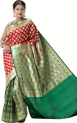 HouseOfCommon Printed Banarasi Handloom Pure Silk Saree(Red, Green)