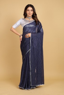 Parmila Fashion Striped Bollywood Silk Blend Saree(Dark Blue)